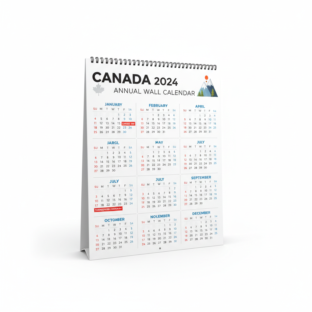 Canada Full Year Calendar showing 12-month grid with Canadian holidays marked