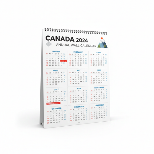 Canada Full Year Calendar showing 12-month grid with Canadian holidays marked