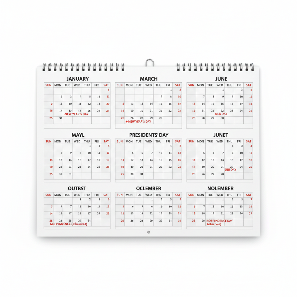 US Half Year Calendar showing 6-month grid layout with US holidays