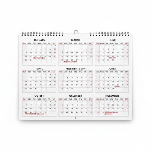 US Half Year Calendar showing 6-month grid layout with US holidays